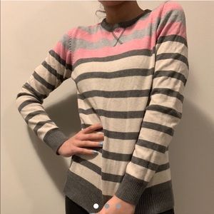 White, grey and pink line knit top